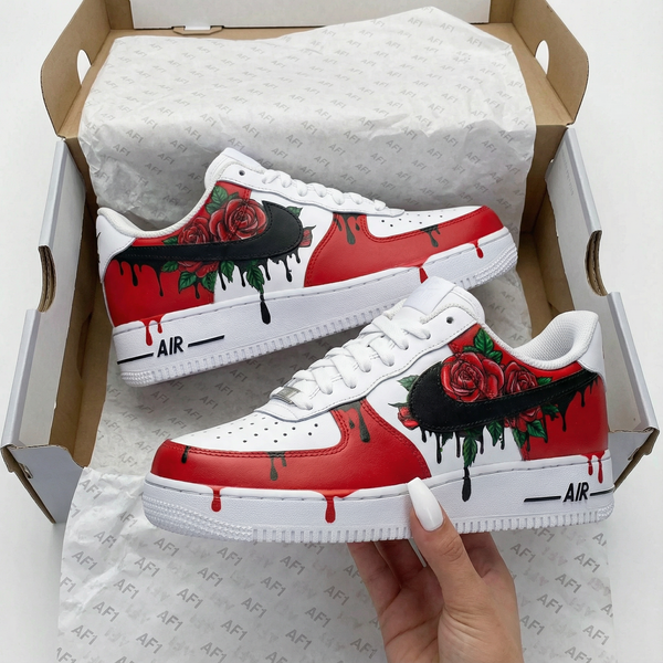 Custom AF 1s Shoes Red White Rose Pattern-oicustom