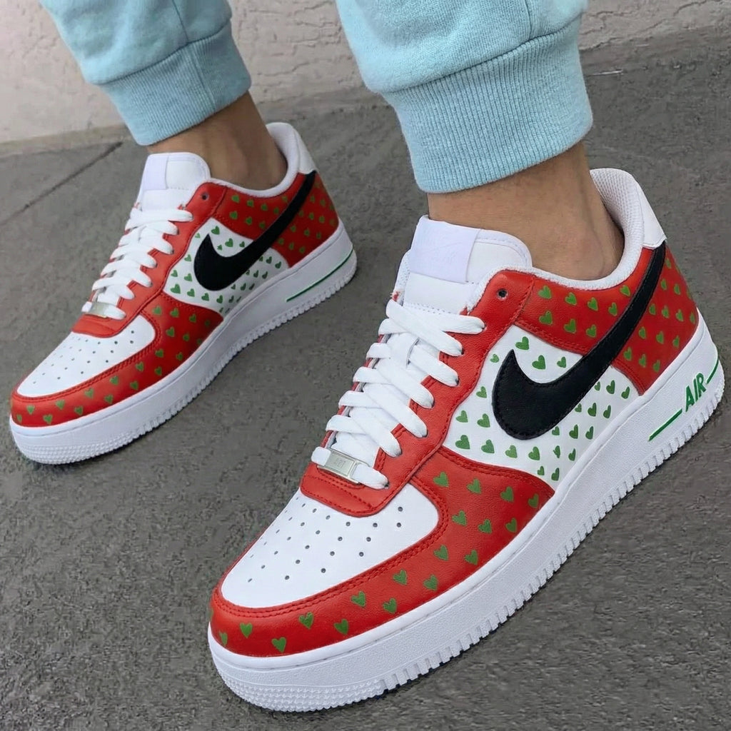 Custom AF 1s Shoes Red White with Green Hearts-oicustom