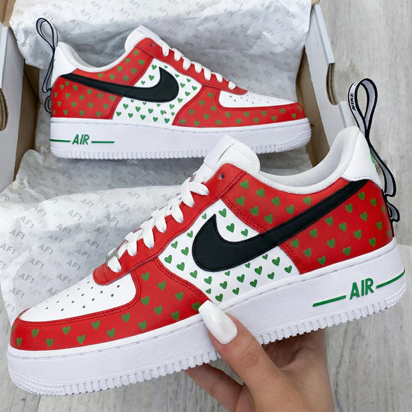 Custom AF 1s Shoes Red White with Green Hearts-oicustom