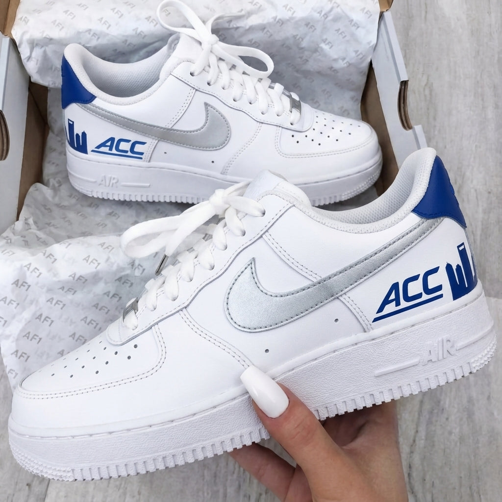 Custom AF 1s Shoes Silver Blue ACC City Print-oicustom