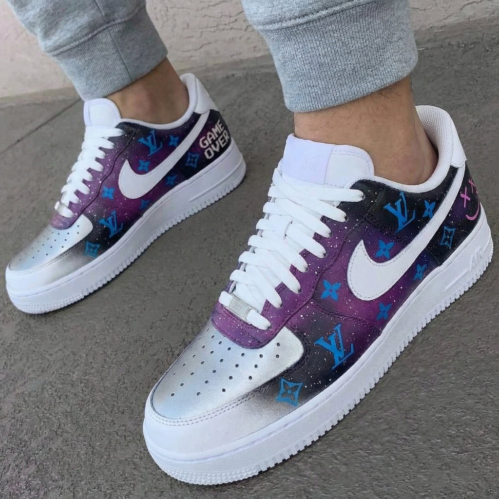 Custom AF 1s Shoes Silver Purple with LV Logo and Game Over Design-oicustom