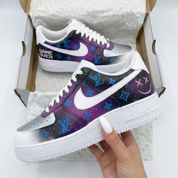 Custom AF 1s Shoes Silver Purple with LV Logo and Game Over Design-oicustom
