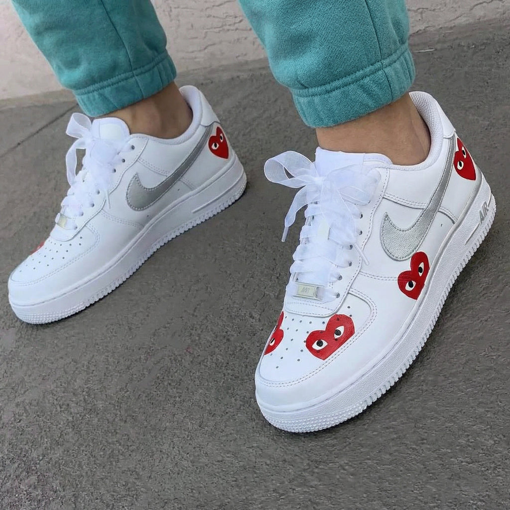 Custom AF 1s Shoes Silver Red Heart Pattern-oicustom