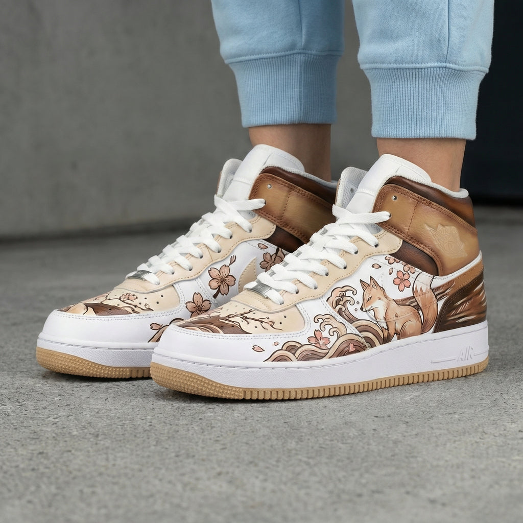 Custom AF 1s Shoes Tan Beige Fox and Cherry Blossom Design-oicustom