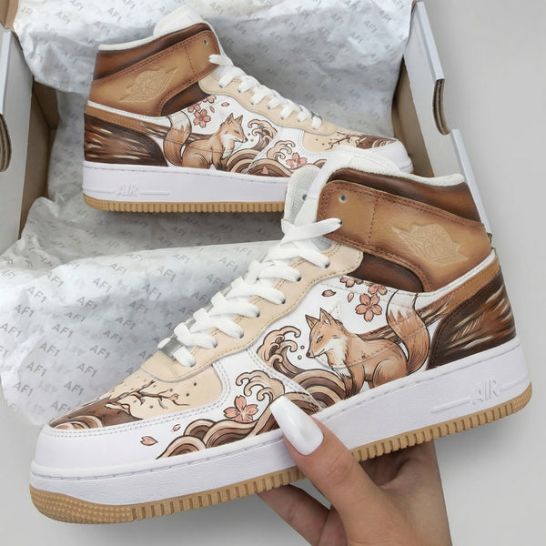 Custom AF 1s Shoes Tan Beige Fox and Cherry Blossom Design-oicustom