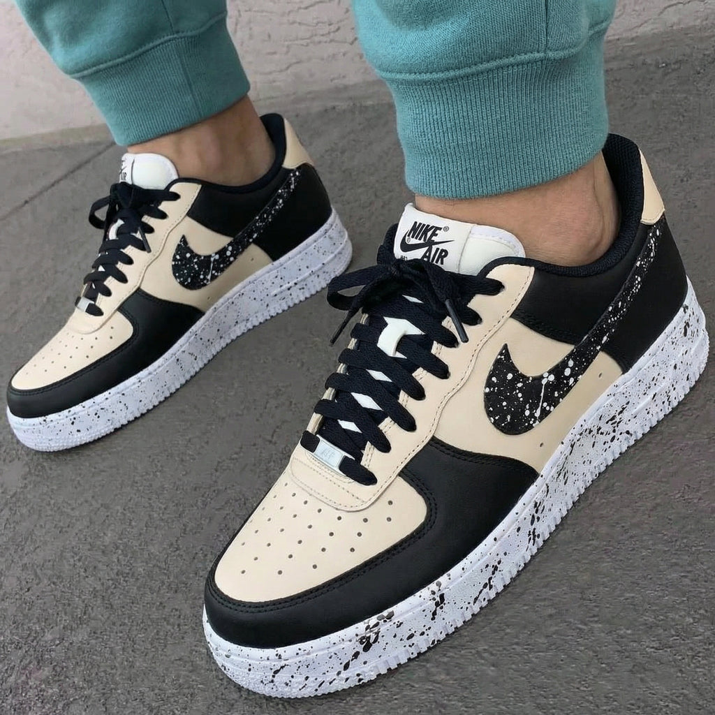 Custom AF 1s Shoes Tan Black Splatter Design-oicustom