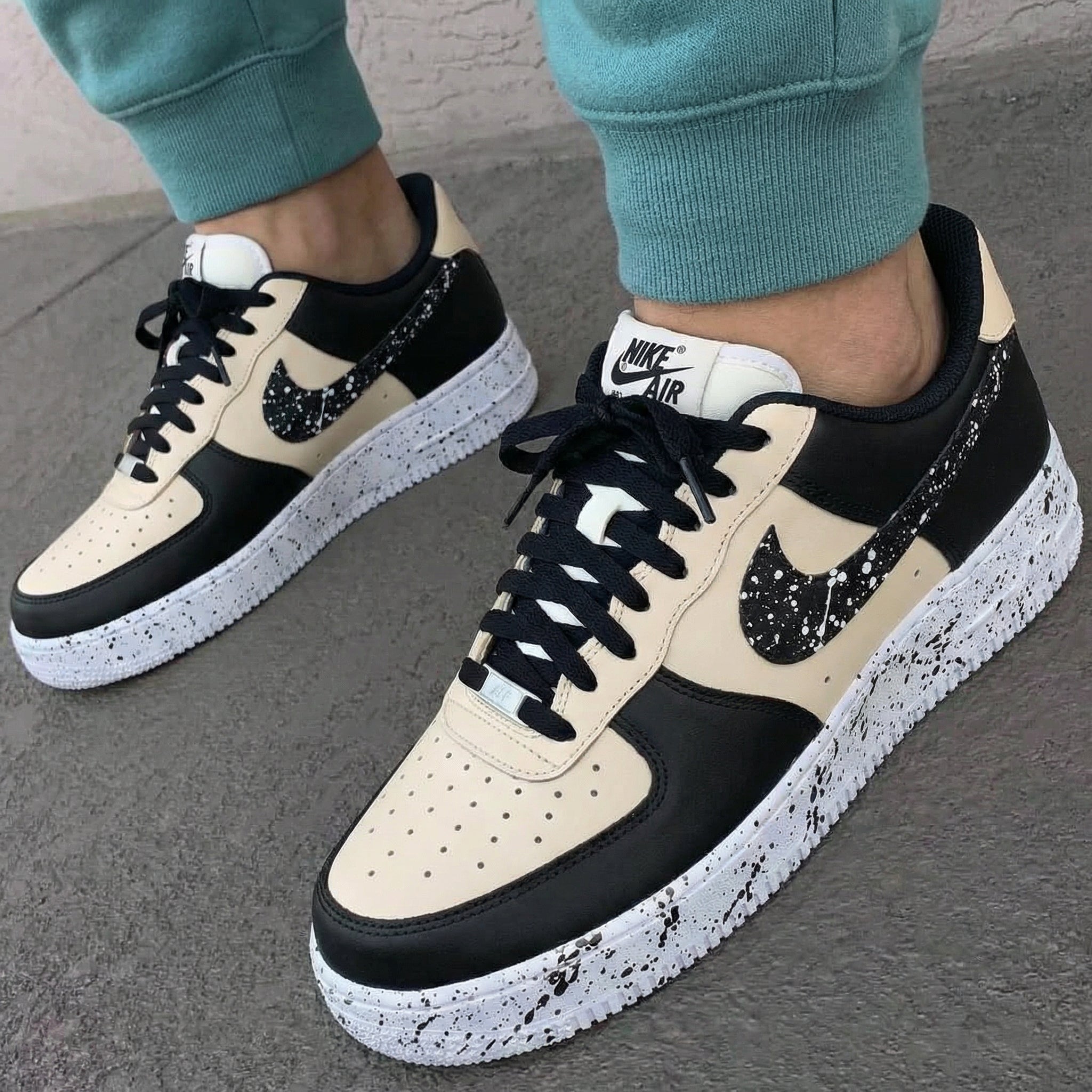 Custom AF 1s Shoes Tan Black Splatter Design – oicustom