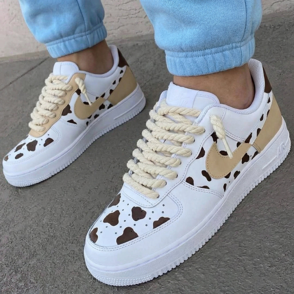 Custom AF 1s Shoes Tan Brown Cow Print Thick Shoelaces-oicustom