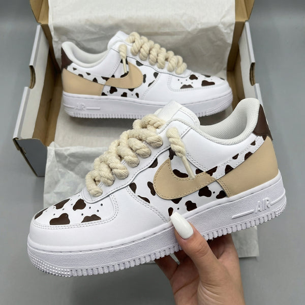Custom AF 1s Shoes Tan Brown Cow Print Thick Shoelaces-oicustom
