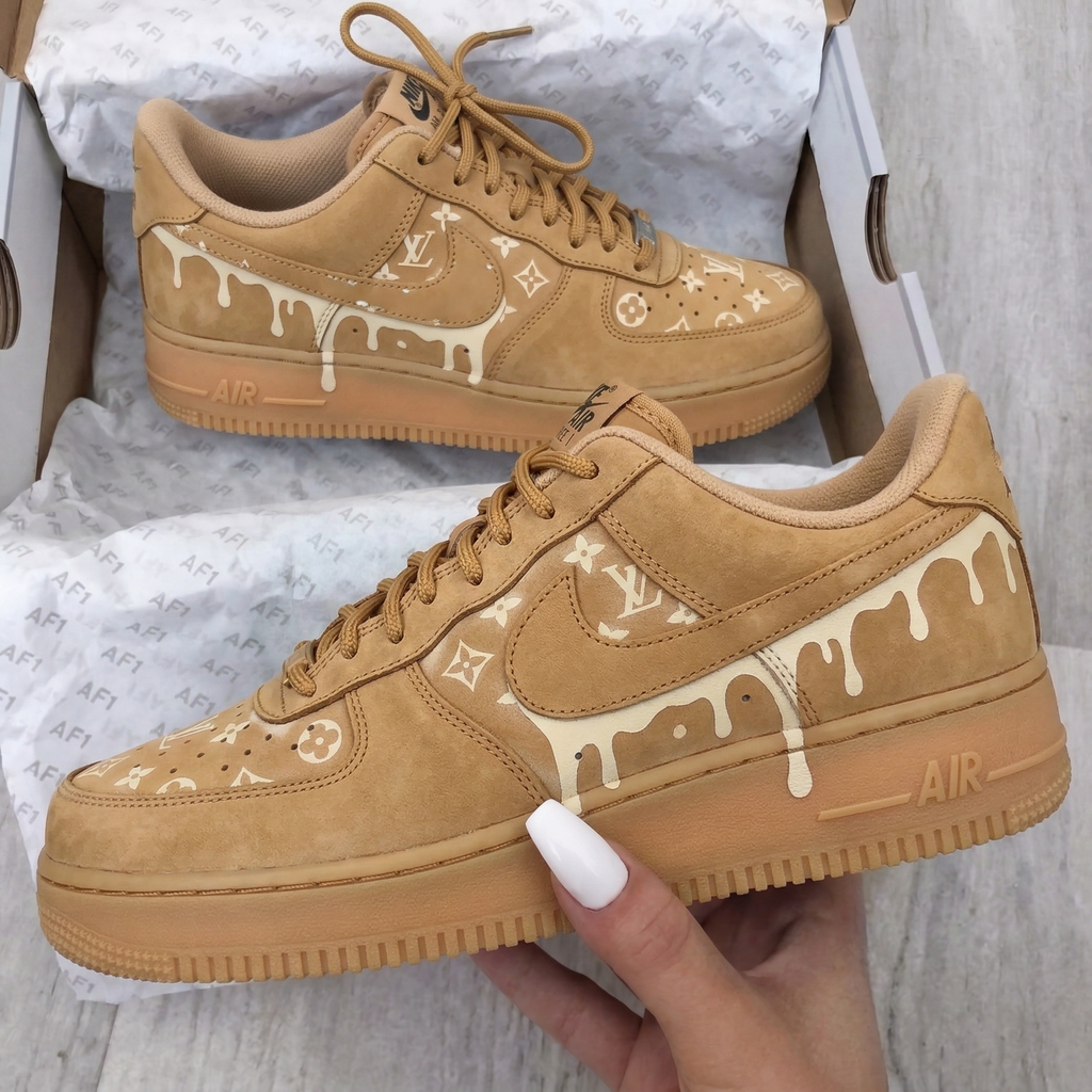 Custom AF 1s Shoes Tan LV Monogram Drip Pattern Suede-oicustom