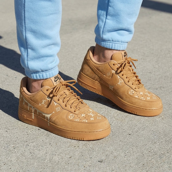 Custom AF 1s Shoes Tan LV Monogram Drip Pattern Suede-oicustom
