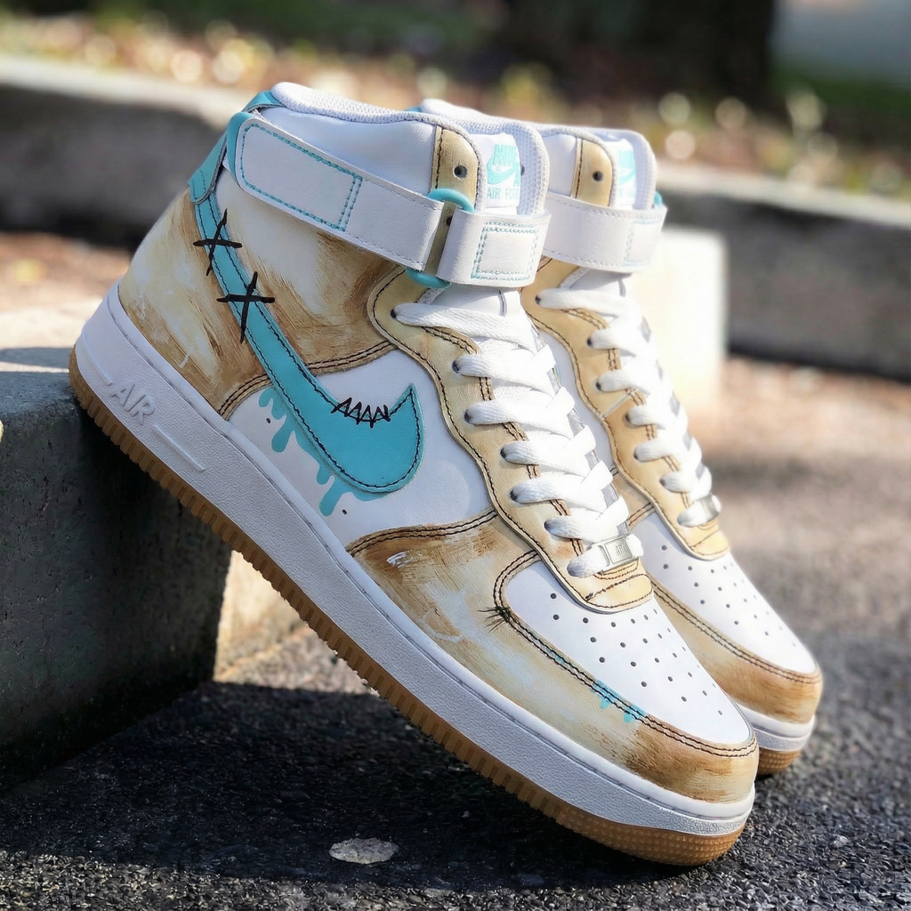Custom AF 1s Shoes Tan Teal Stitch - Like Design-oicustom