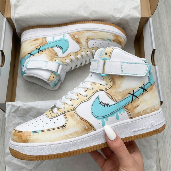 Custom AF 1s Shoes Tan Teal Stitch - Like Design-oicustom