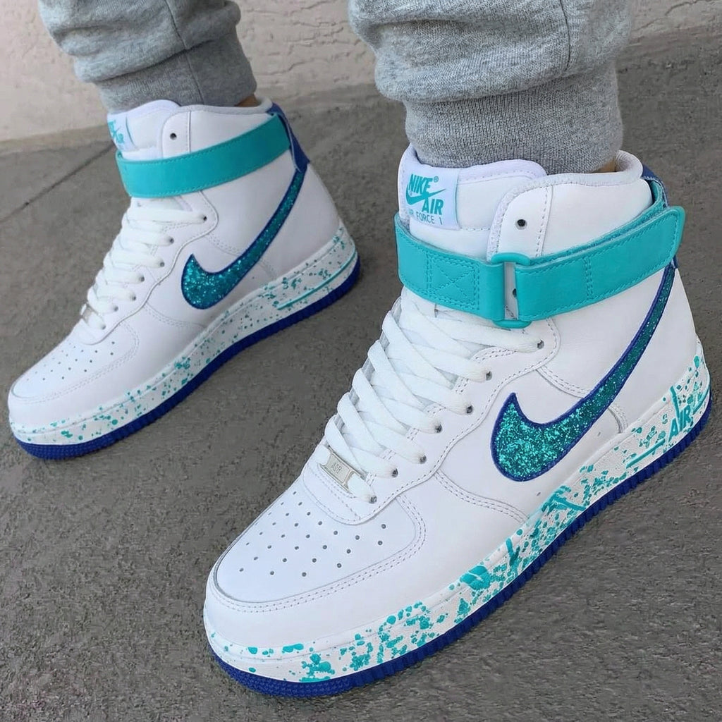 Custom AF 1s Shoes Teal Glitter Splash Design-oicustom