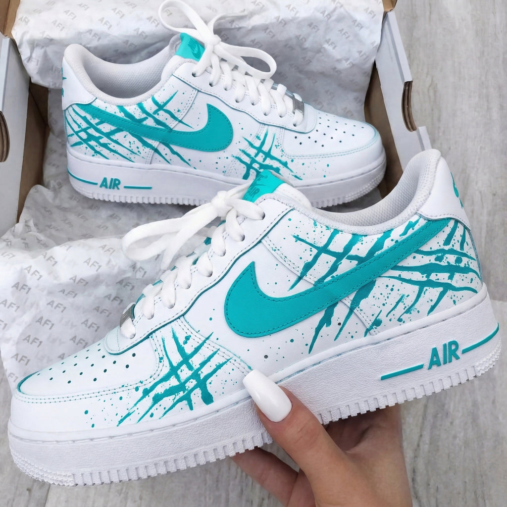 Custom AF 1s Shoes Teal Scratch Marks Splatter-oicustom