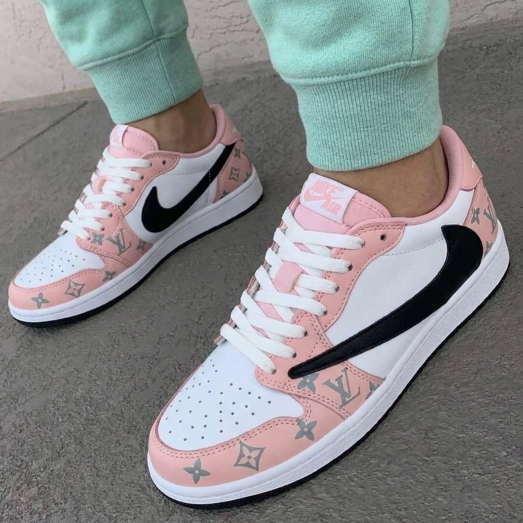 Custom AF 1s Shoes Travis Scott Baby Pink White with LV Logo-oicustom