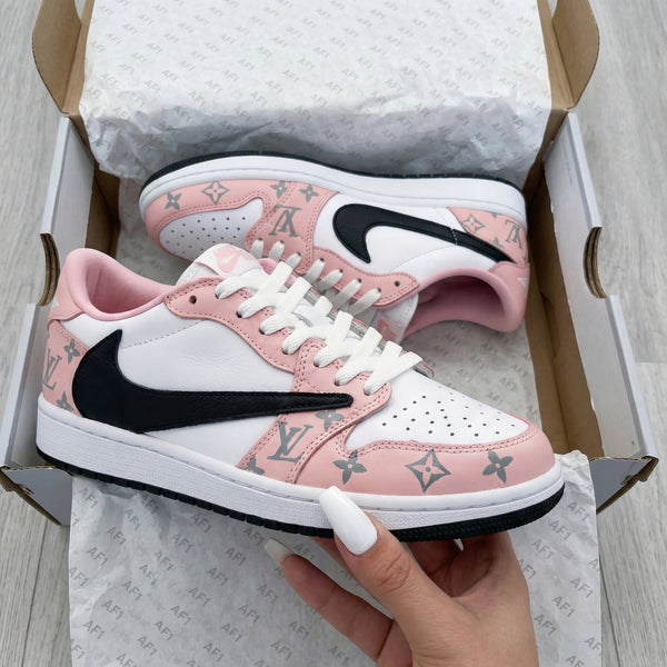 Custom AF 1s Shoes Travis Scott Baby Pink White with LV Logo-oicustom