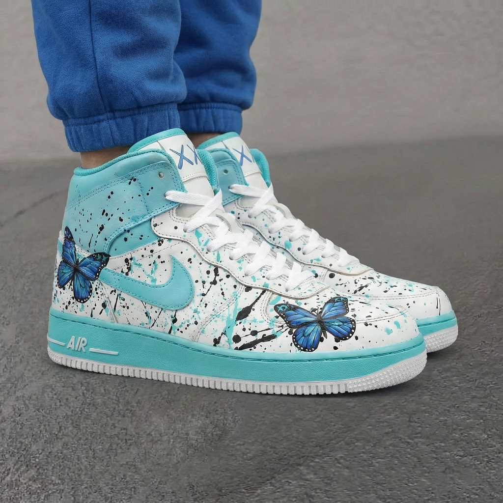 Custom AF 1s Shoes Turquoise Blue Butterflies Splatter Design-oicustom