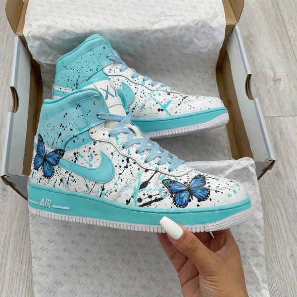 Custom AF 1s Shoes Turquoise Blue Butterflies Splatter Design-oicustom