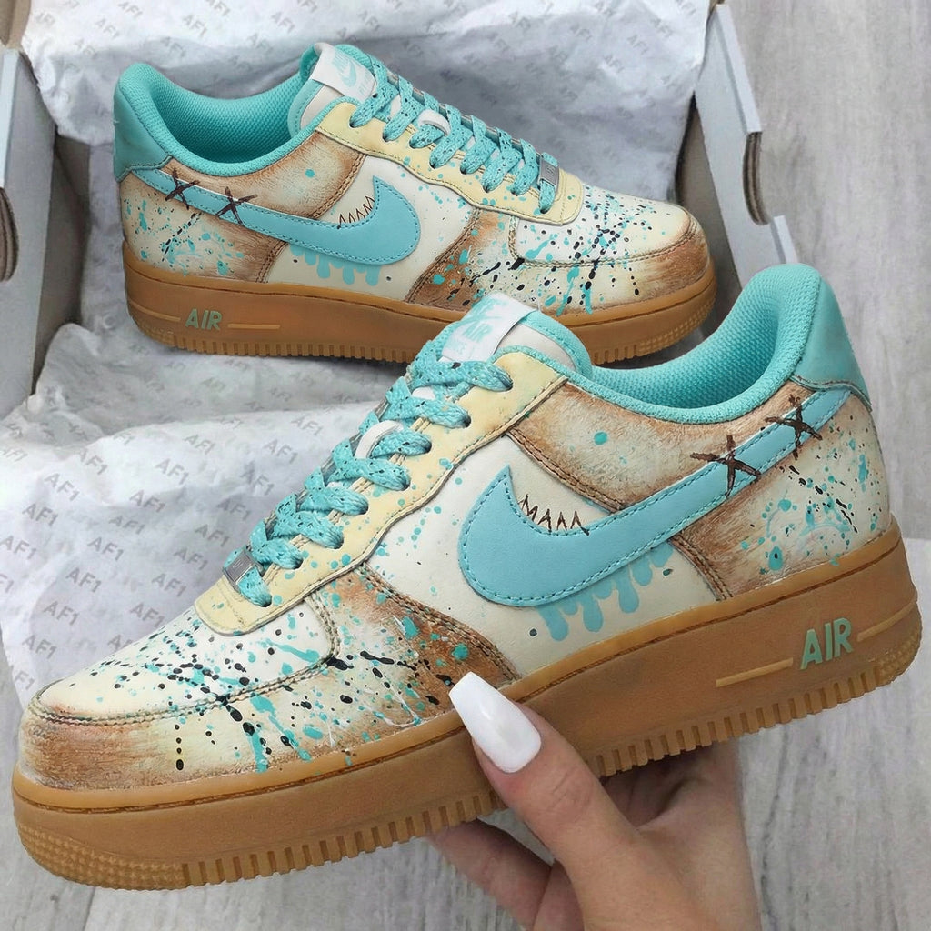 Custom AF 1s Shoes Turquoise Tan Splatter Design-oicustom