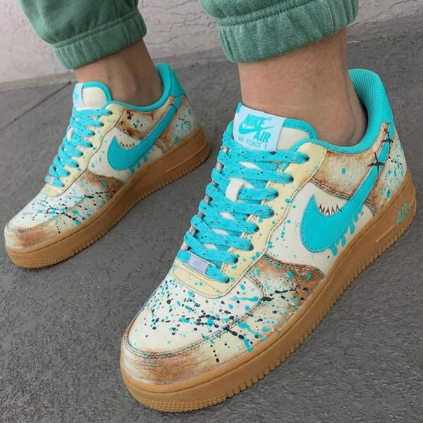 Custom AF 1s Shoes Turquoise Tan Splatter Design-oicustom