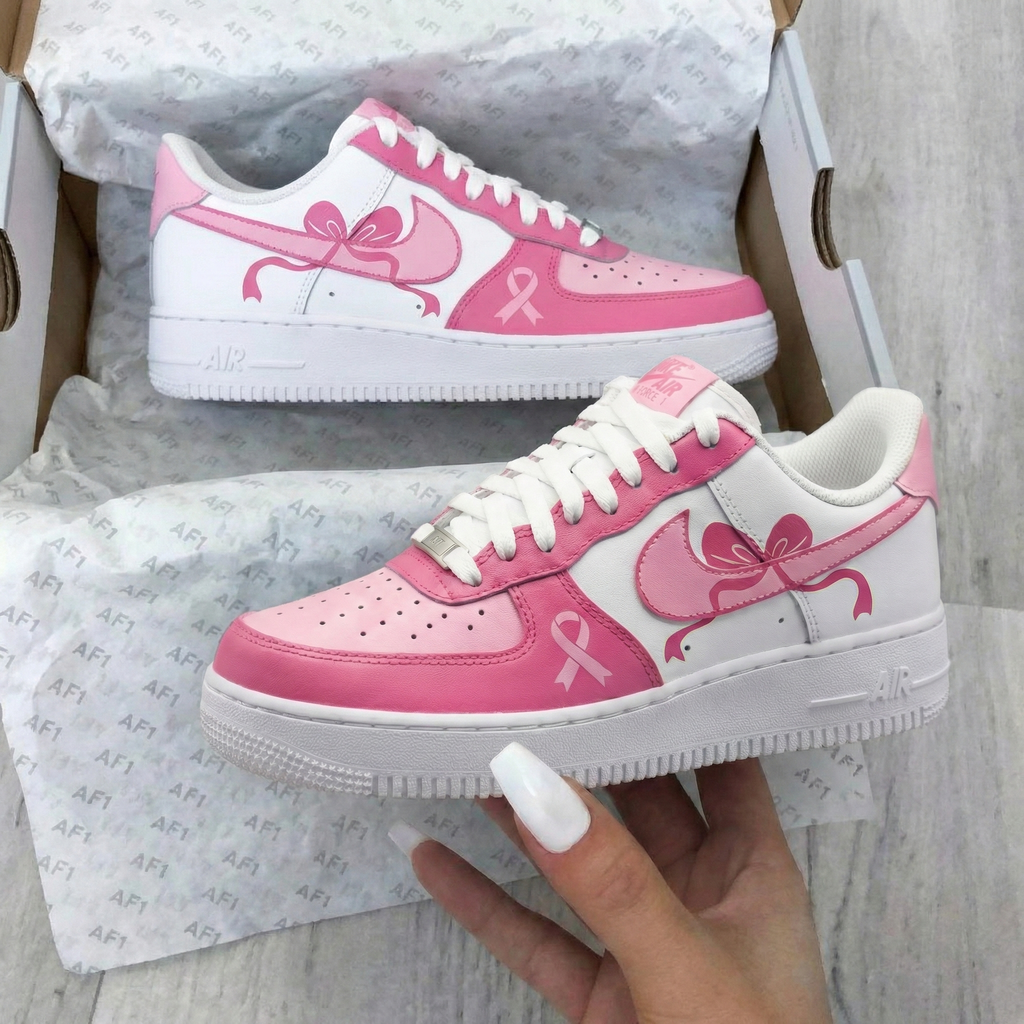 Custom AF 1s Shoes White Baby Pink Bows Breast Cancer Ribbons-oicustom
