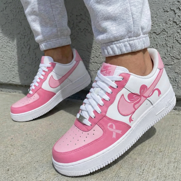 Custom AF 1s Shoes White Baby Pink Bows Breast Cancer Ribbons-oicustom