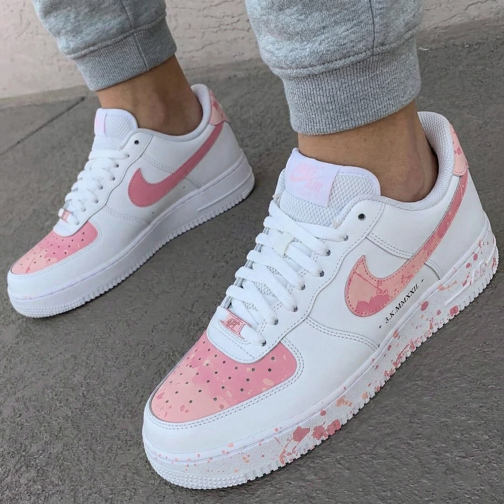 Custom AF 1s Shoes White Baby Pink Splatter Pattern-oicustom