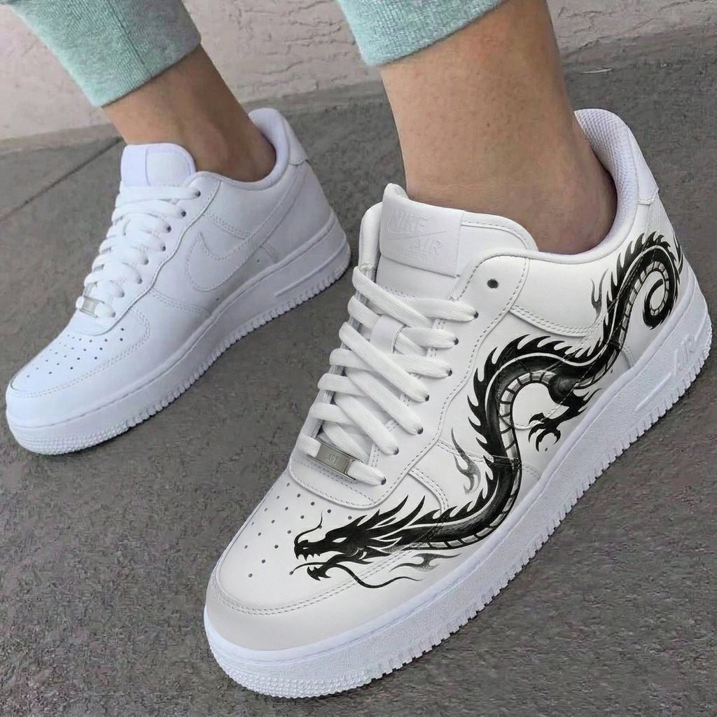 Custom AF 1s Shoes White Black Dragon Pattern-oicustom