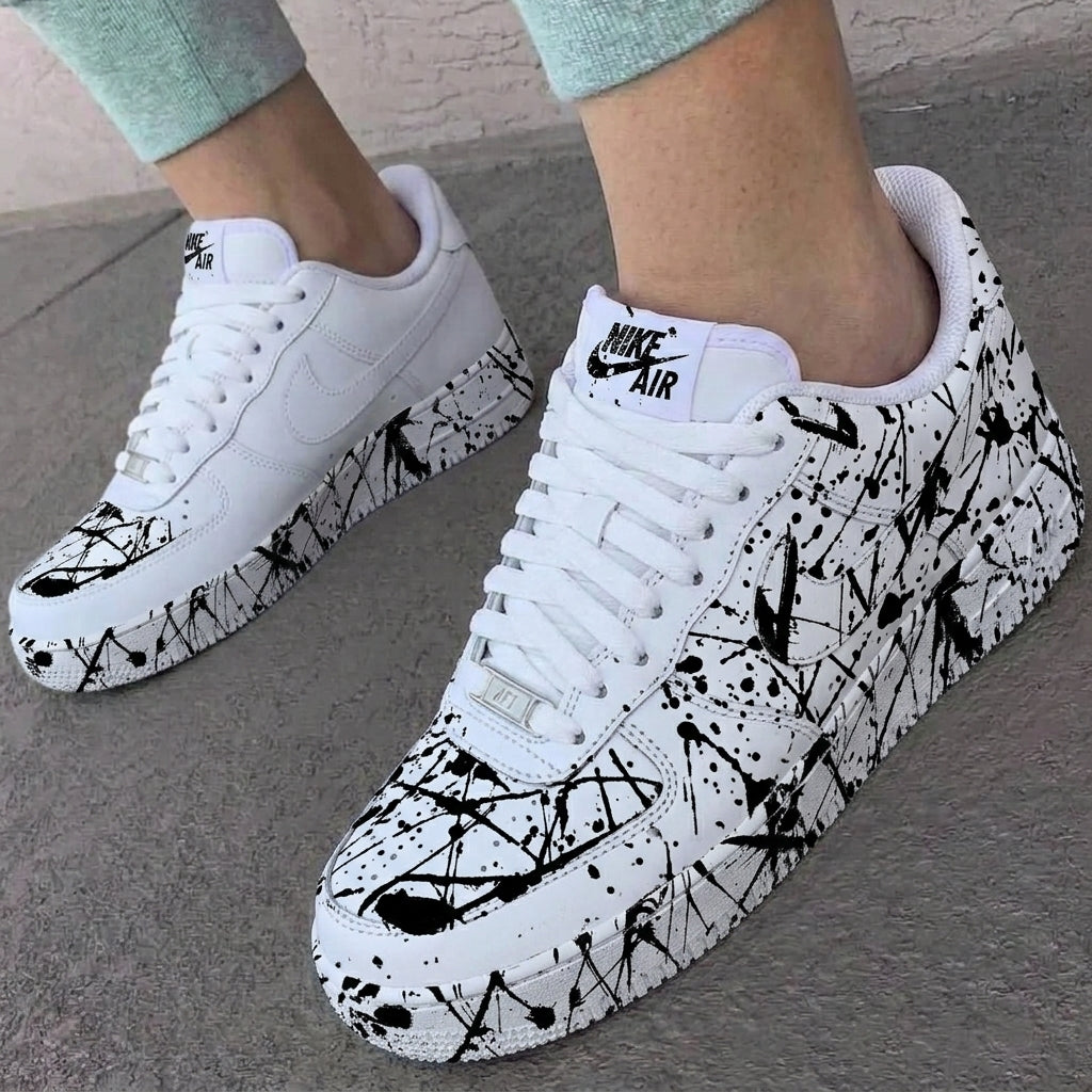Custom AF 1s Shoes White Black Paint Splatter-oicustom