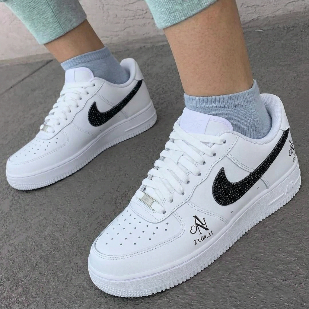 Custom AF 1s Shoes White Black Rhinestone-oicustom