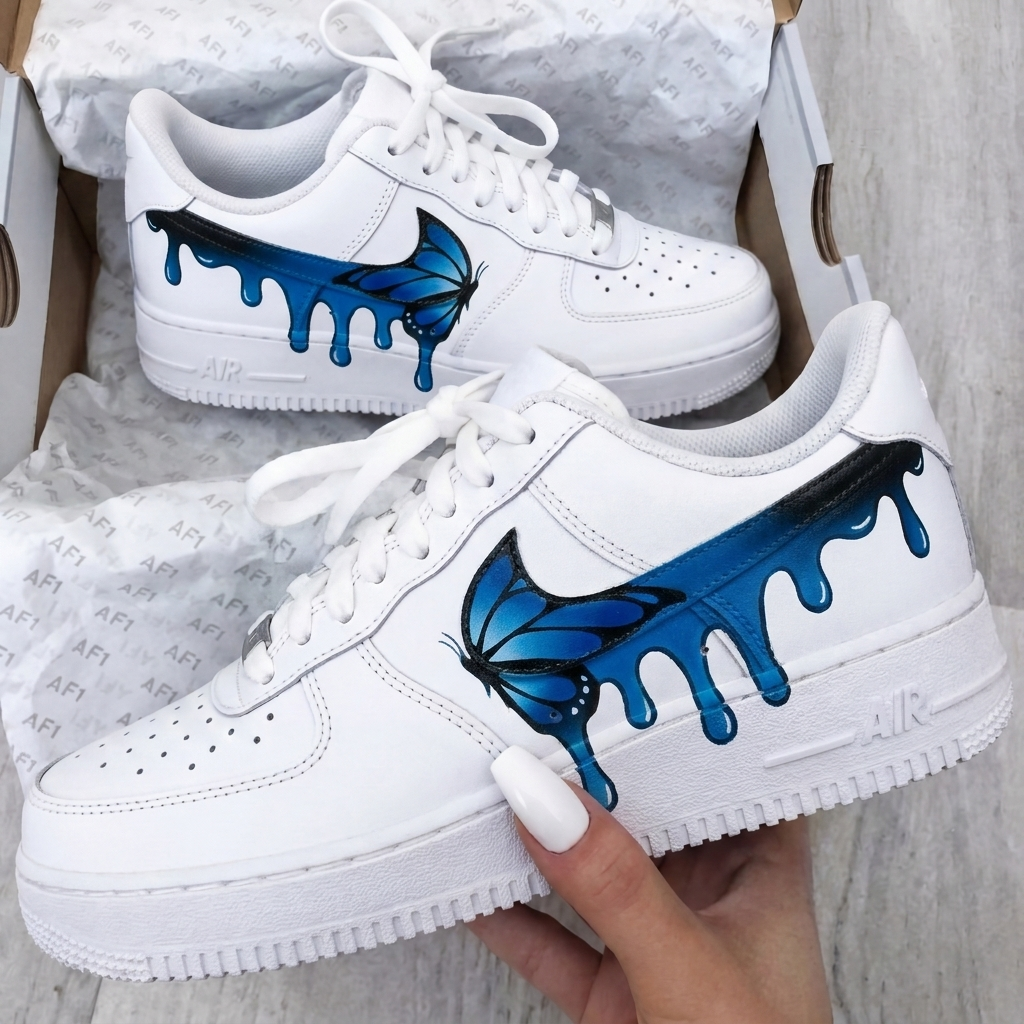 Custom AF 1s Shoes White Blue Dripping Butterflies-oicustom