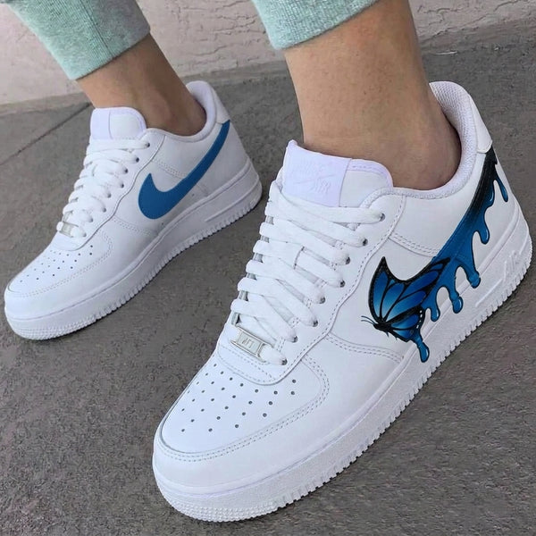 Custom AF 1s Shoes White Blue Dripping Butterflies-oicustom