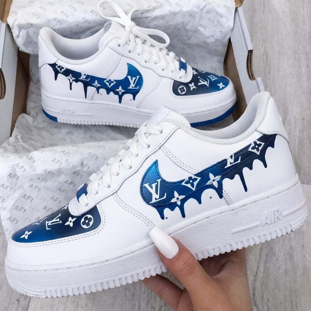 Custom AF 1s Shoes White Blue Dripping LV-oicustom