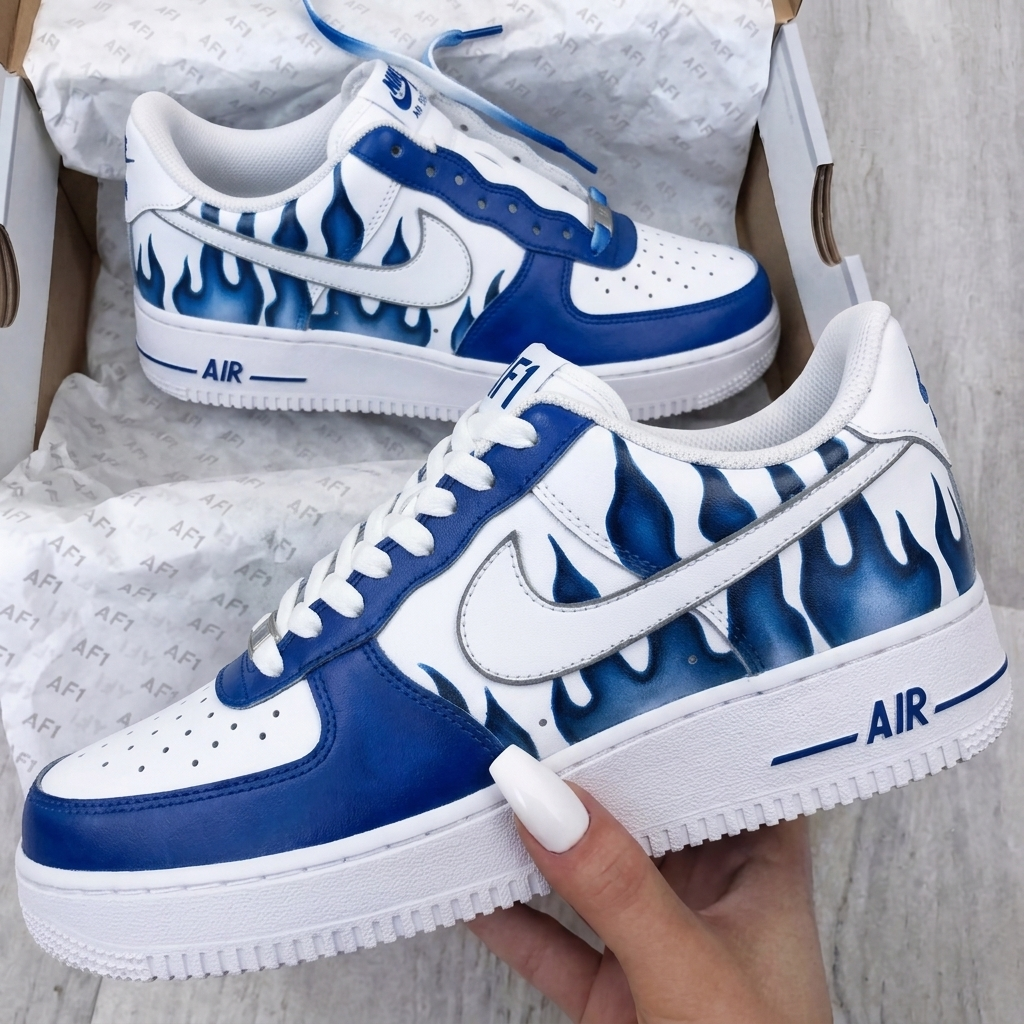 Custom AF 1s Shoes White Blue Flame-oicustom