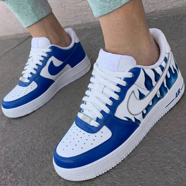 Custom AF 1s Shoes White Blue Flame-oicustom