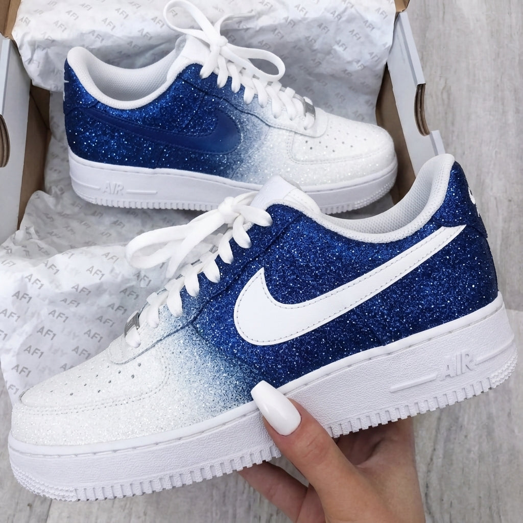 Custom AF 1s Shoes White Blue Glitter Gradient-oicustom