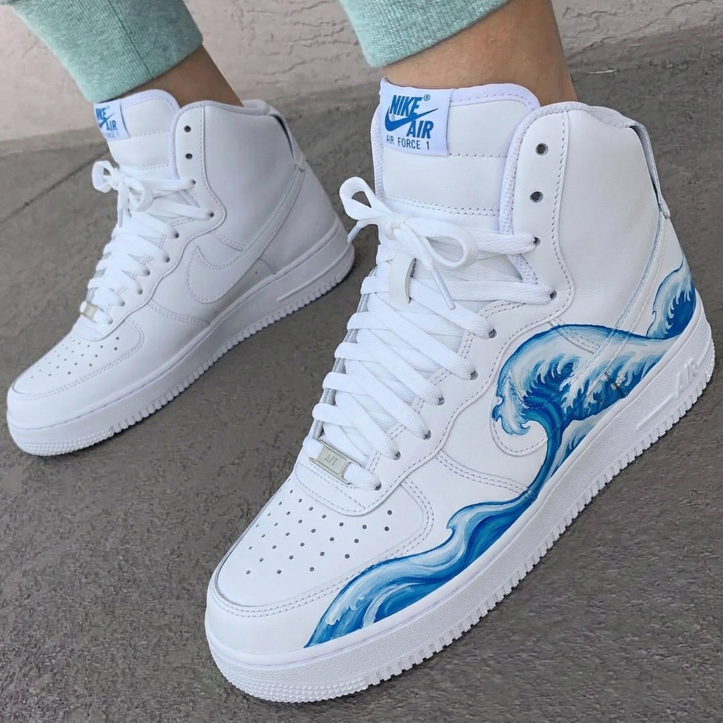 Custom AF 1s Shoes White Blue Wave-oicustom