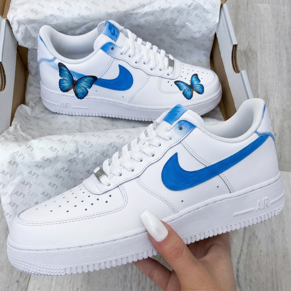 Custom AF 1s Shoes White Blue With Blue Butterflies-oicustom