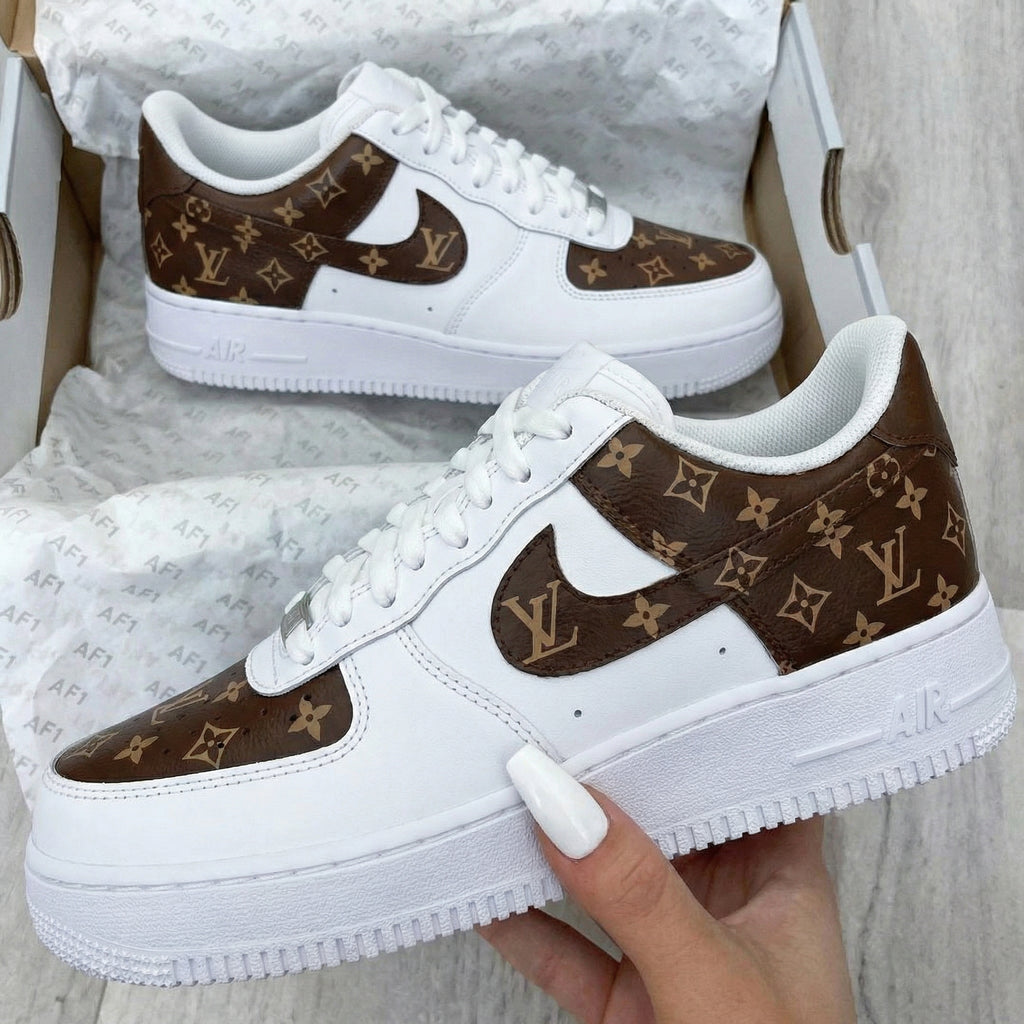 Custom AF 1s Shoes White Brown LV Logo Pattern-oicustom