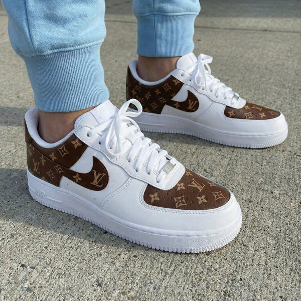 Custom AF 1s Shoes White Brown LV Logo Pattern-oicustom