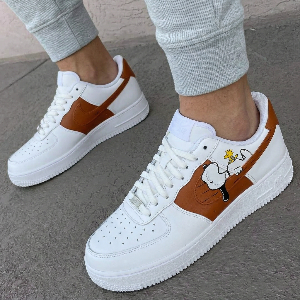 Custom AF 1s Shoes White Brown Snoopy Woodstock Cartoon-oicustom