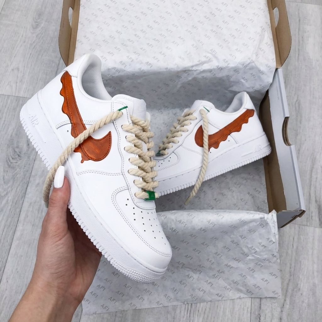 Custom AF 1s Shoes White Brown Wavy Swoosh Rope Laces-oicustom