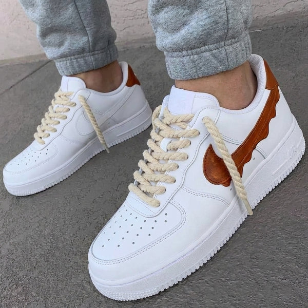 Custom AF 1s Shoes White Brown Wavy Swoosh Rope Laces-oicustom