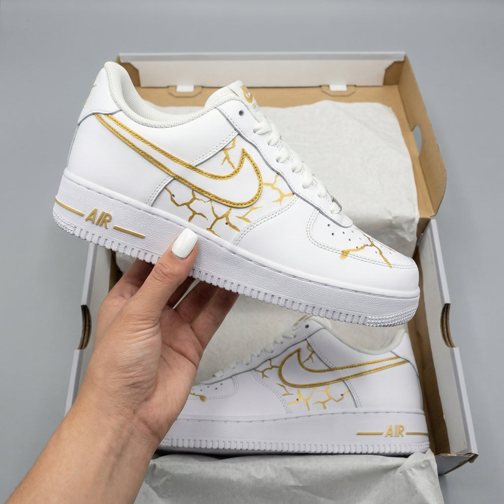 Custom AF 1s Shoes White Gold Crack Pattern-oicustom