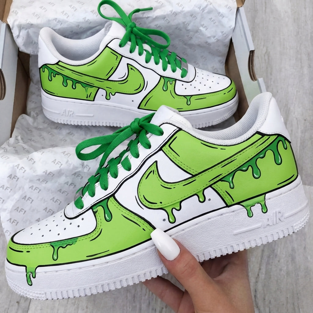 Custom AF 1s Shoes White Green Dripping Cartoon-oicustom