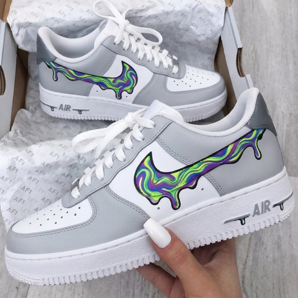 Custom AF 1s Shoes White Grey Drippy Swirl Swoosh-oicustom