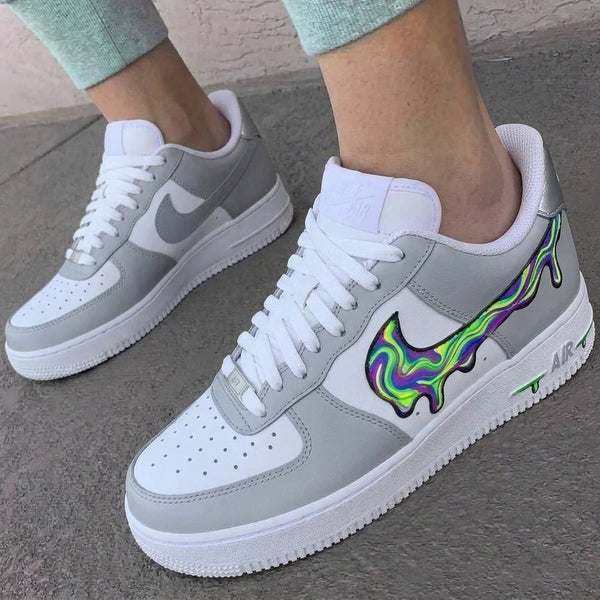 Custom AF 1s Shoes White Grey Drippy Swirl Swoosh-oicustom