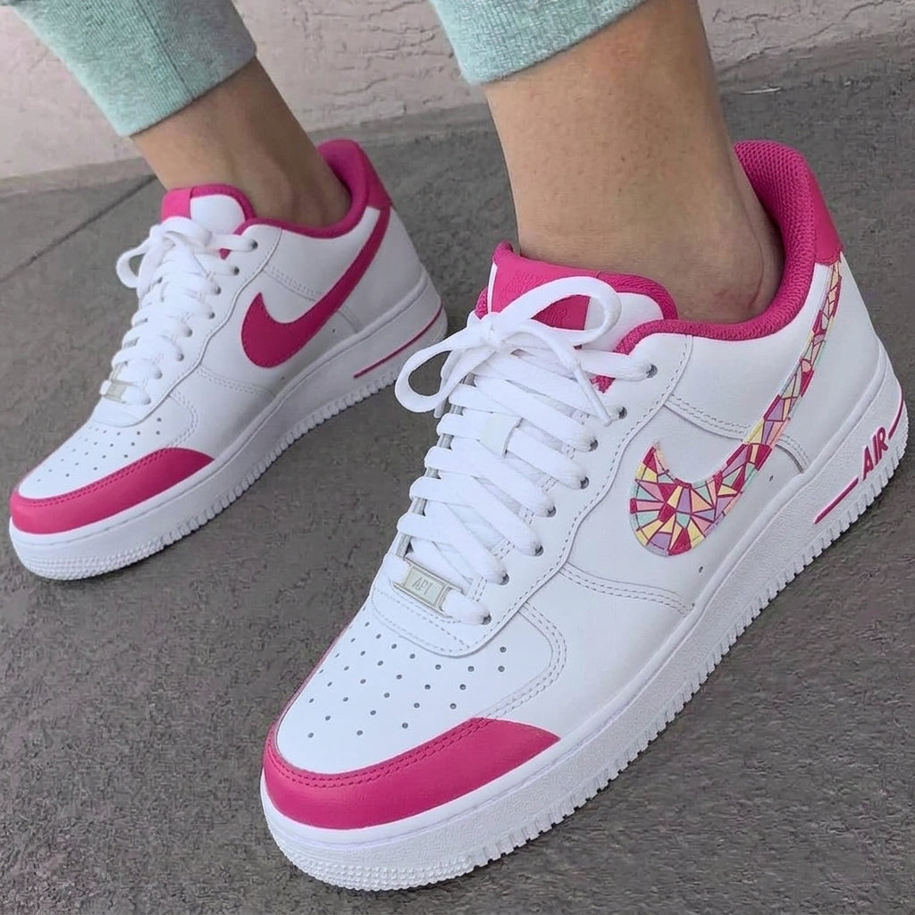 Custom AF 1s Shoes White Pink Mosaic Pattern Swoosh-oicustom