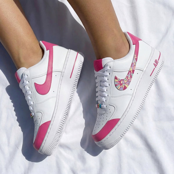 Custom AF 1s Shoes White Pink Mosaic Pattern Swoosh-oicustom